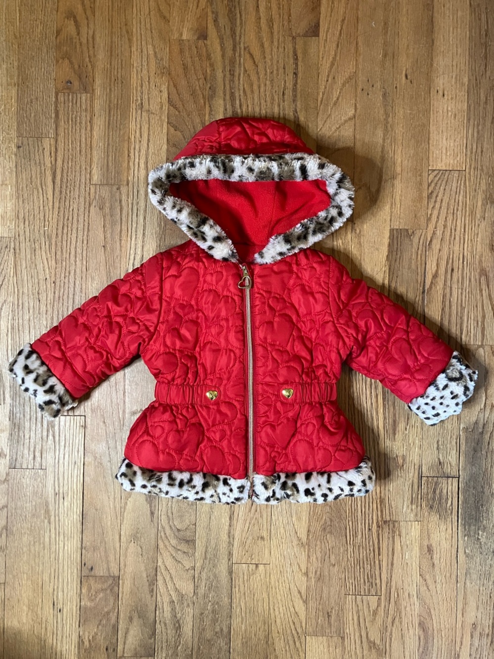 Girls Red Quilted Hooded Puffer with Faux Fur Trim